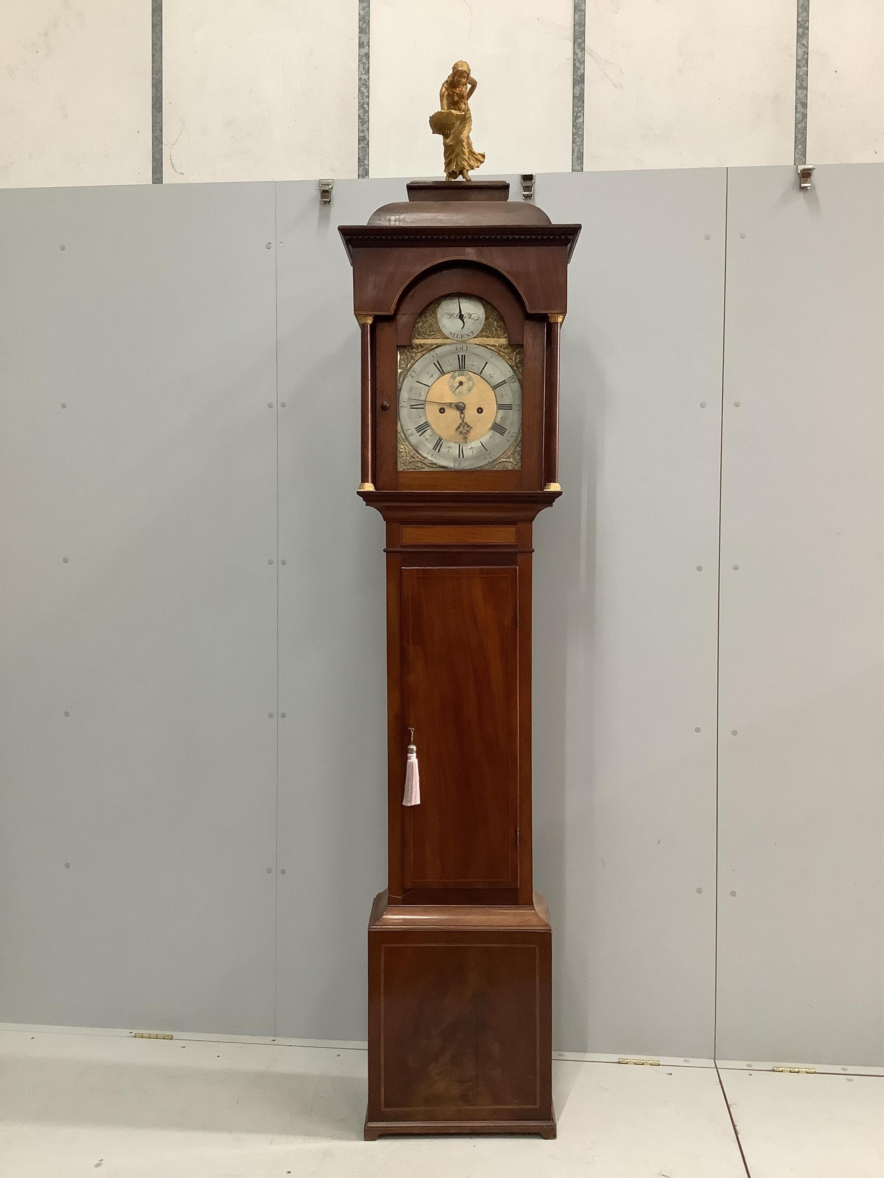 A George III and later inlaid mahogany eight day longcase clock, height 244cm. Condition - fair